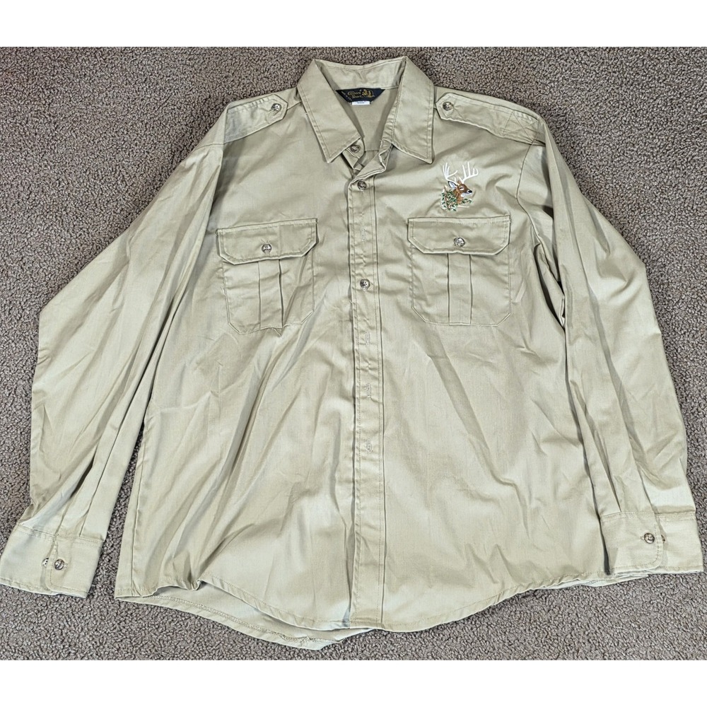 Vintage Eastern Shore Shirt XL 17.5 Made USA Embroidered Deer Buck Khaki Outdoor